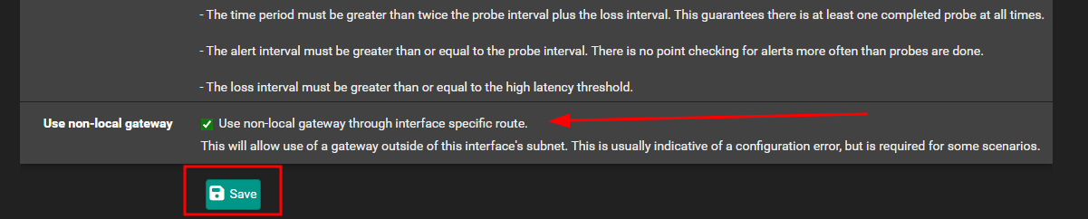 Use non-local gateway through interface specific route under gateway settings 