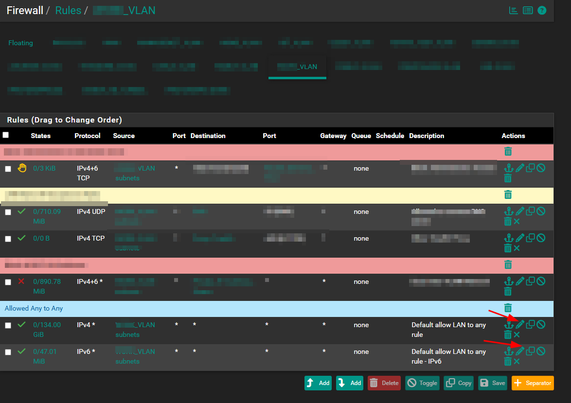 Firewall Rules Page for the VLAN