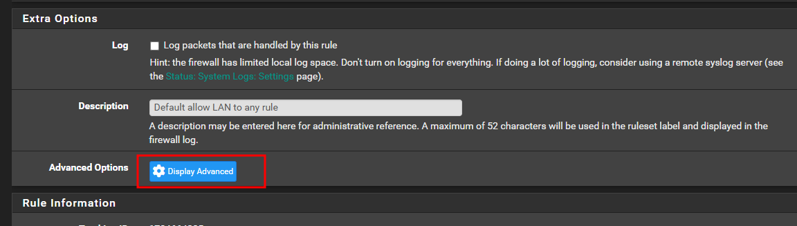 Firewall Rule for display advanced settings