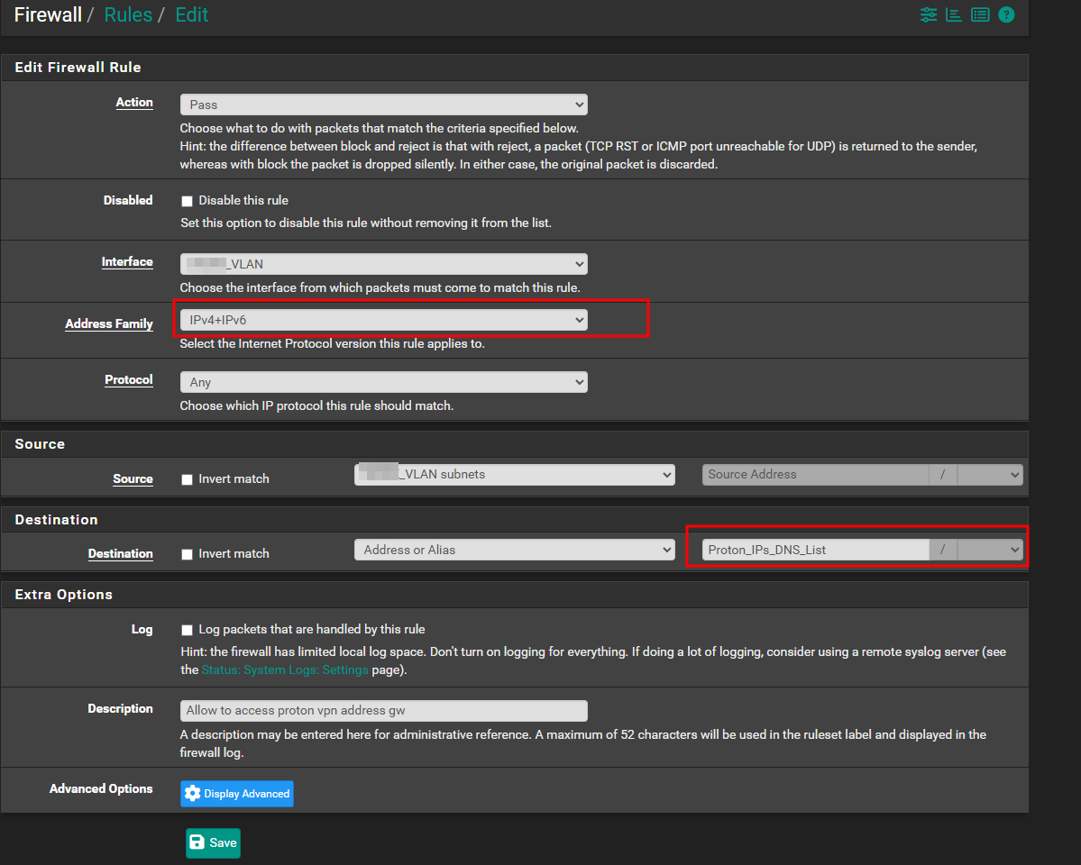 Editing the firewall rules for allowing Pronto VPN GW & DNS.