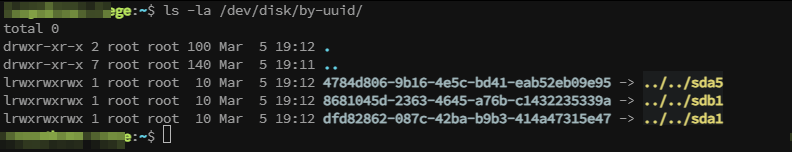 ls -la /dev/disk/by-uuid/ command for checking UUID