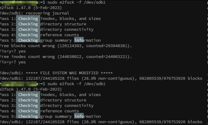 sudo e2fsck -f /dev/sdb1