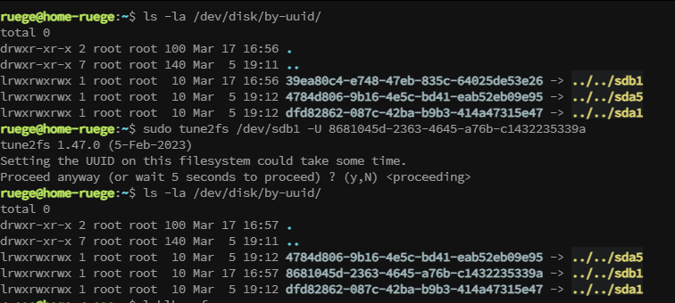 ls -la /dev/disk/by-uuid/ command for checking UUID 
