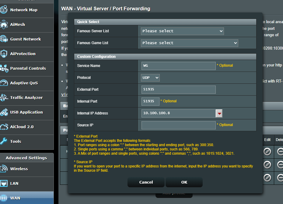 ASUS router  port forwarding setting example
