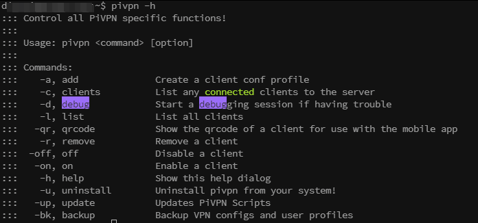 PiVPN WireGuard picpn -h command