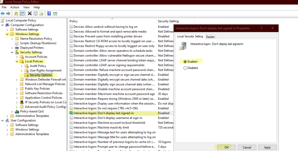 GPO setting to hide account - Interactive logon: Don’t display last signed-in