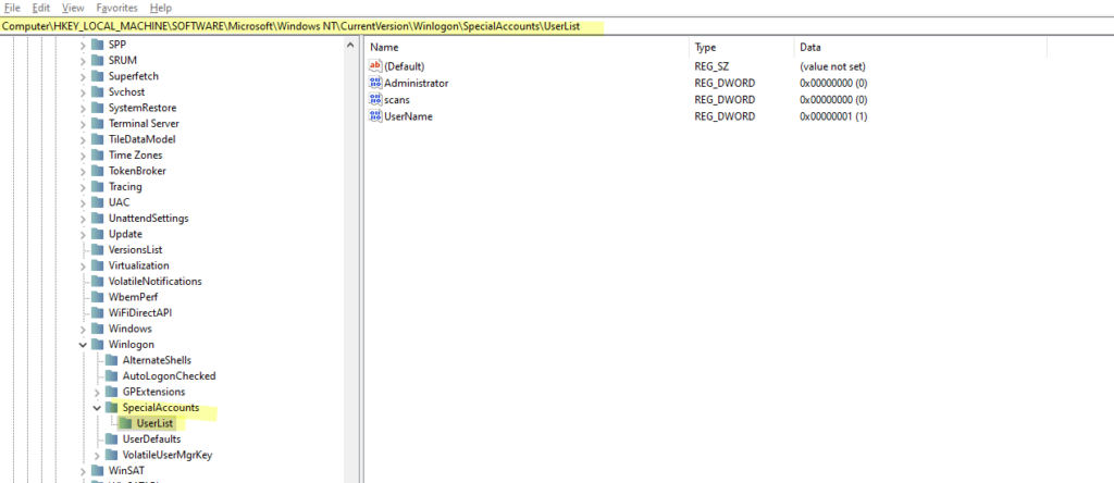 Regedit to hide account